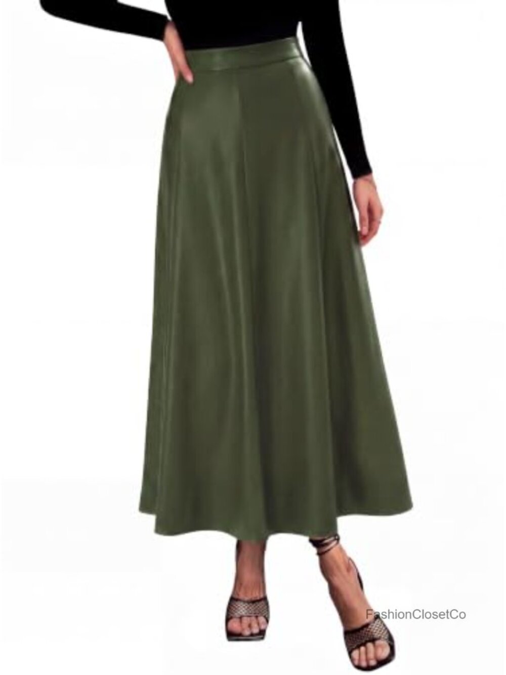 Faux Leather High Waisted A-Line Midi Skirt Business Casual